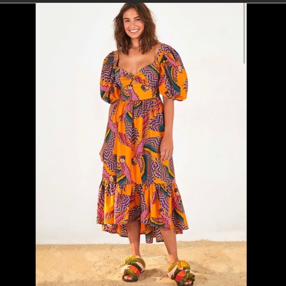 Farm Rio Macaw Puff-Sleeve Midi Dress